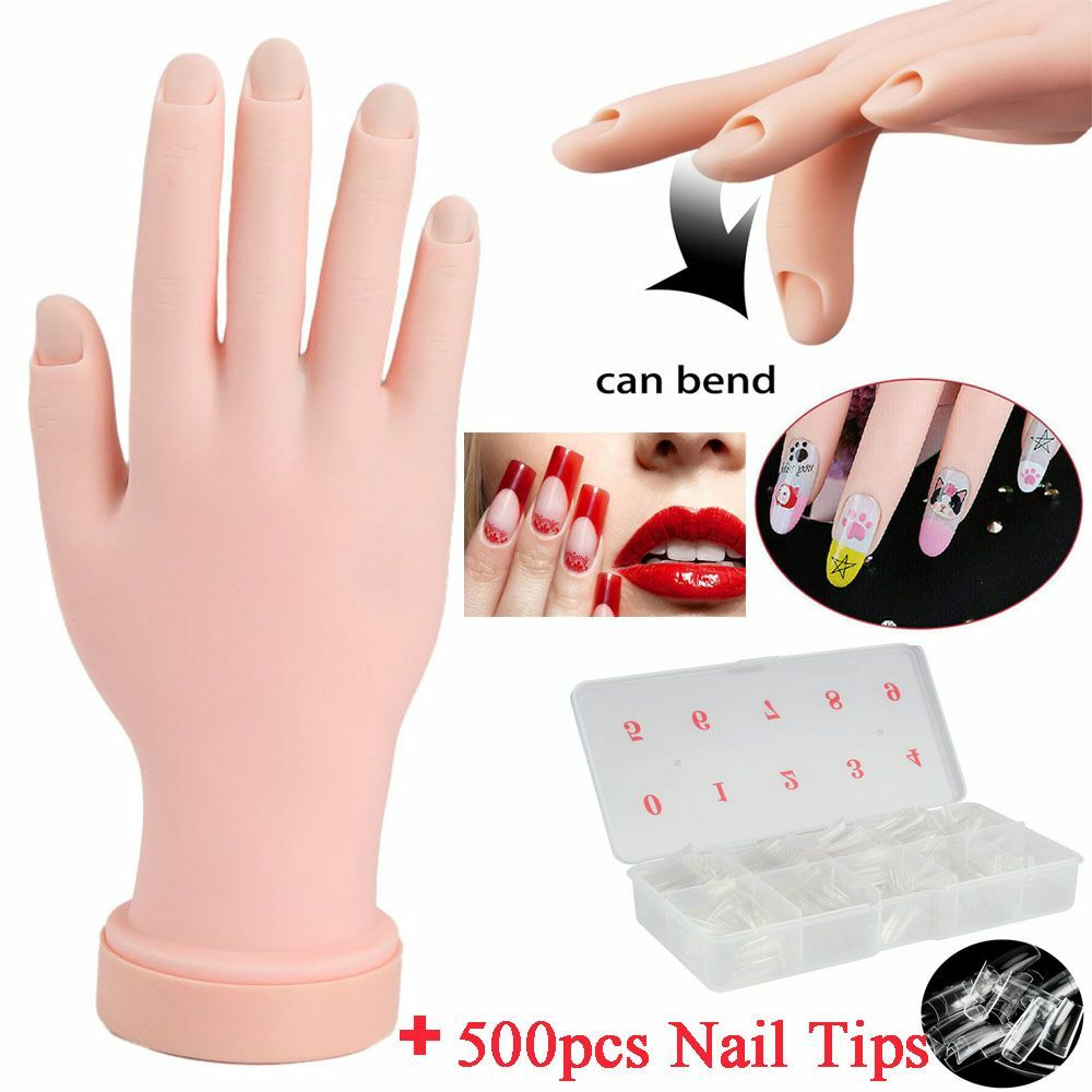 Flexible Practice Training Fake Hand Model Display & 100Pcs Full False Nail Tips