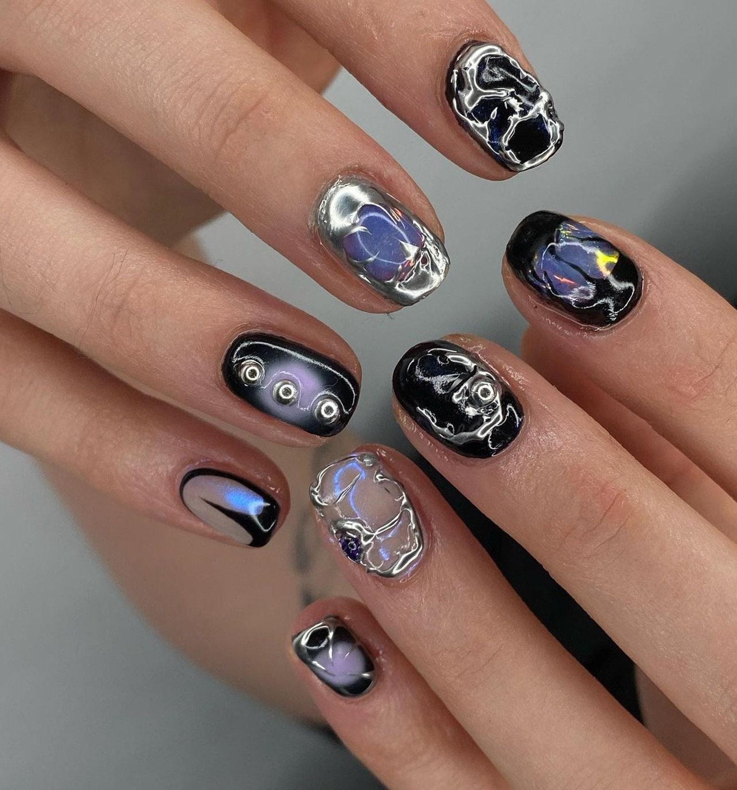Custom Handmade Silver Mirror Foil Black Purple Iridescent Square Press on Nails