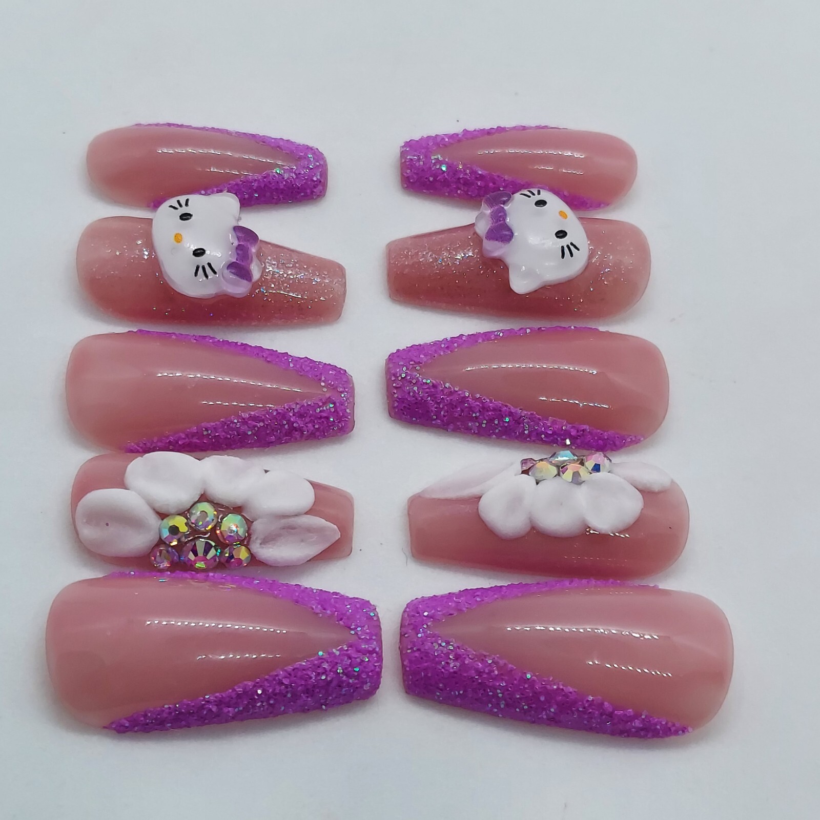 Kawaii Hello Kitty Cat Purple Deep V French Sugar Press on Nails Purple Nails