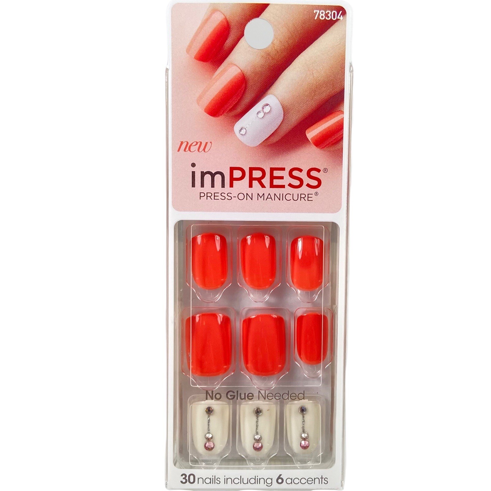 NEW Kiss Nails Impress Press On Manicure Short Coral Orange White Silver Gems