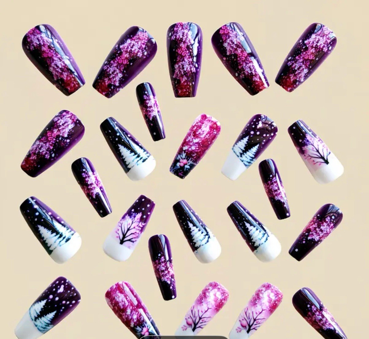24 Pc Press On Nails Christmas Snow Scene Pink Purple White