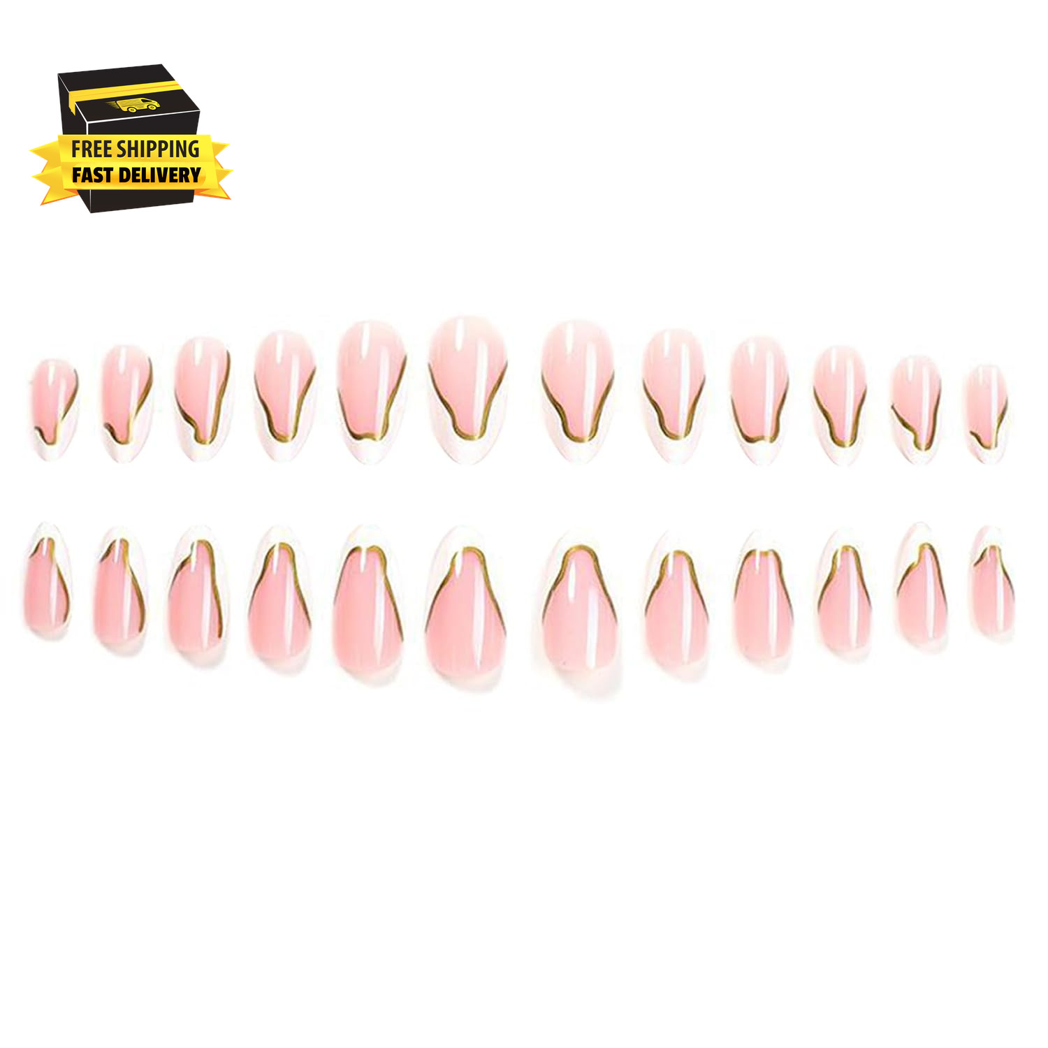 White French Tip Press on Nails Short Almond Fake Nails with Chrome 3D Gold Wave