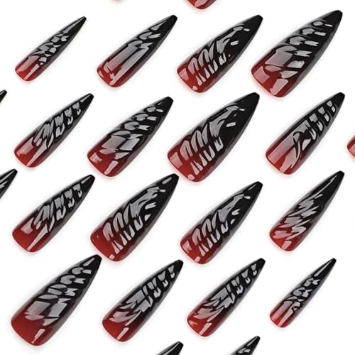 Press on Nails – Long Stiletto Glue on Nails with Goth Red 06102Red&Black