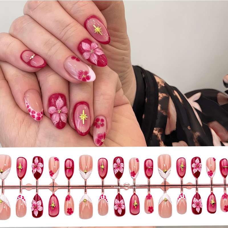 30pcs-Red Pink Ombre Almond Press on Nails 3D Flower Gold Star Rhinestones