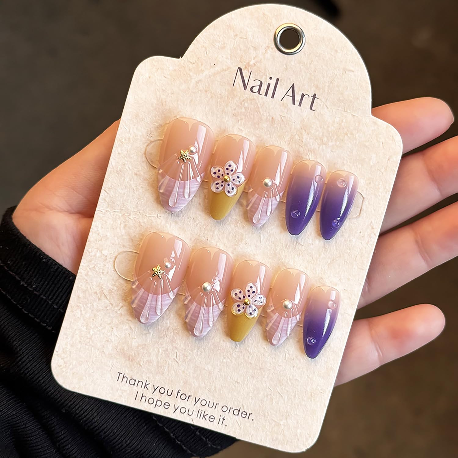 24Pcs Summer Beach Press on Nails Medium Almond Fake Nails Purple French Tip wit