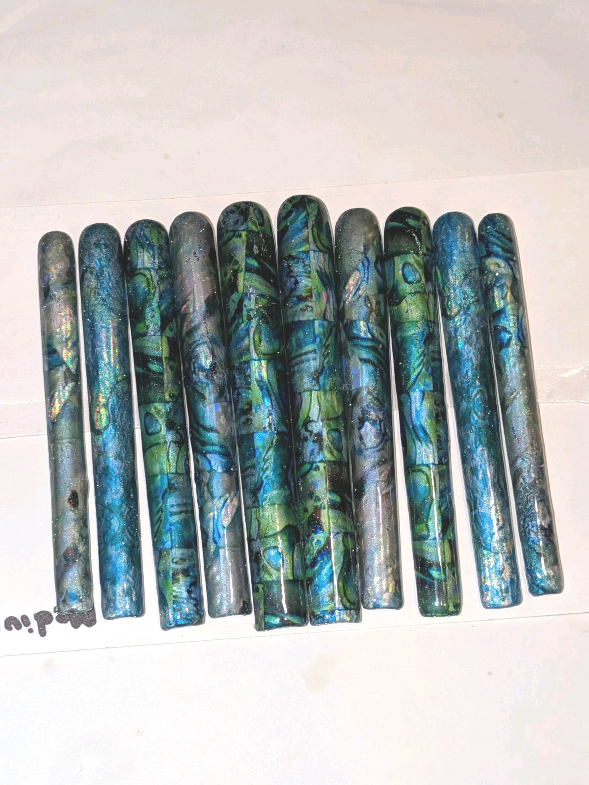 Hand Crafted 6Xl Acrylic Teal and Blue Marble Long Press-On Nails Sz Medium