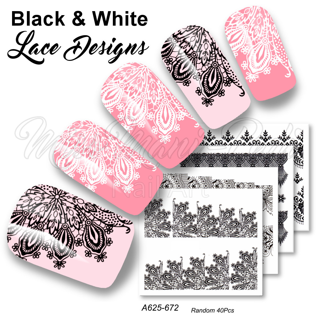 40 Sheets White Black Lace Nail Decals Water Transfers Wedding Stickers DIY NS11