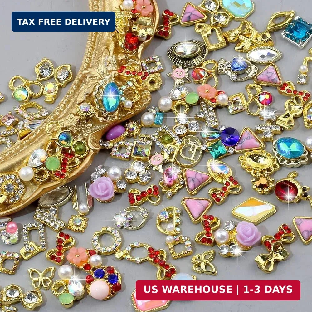 50pcs 3D Gold Nail Charms for Acrylic Nails Mix Styles Rhinestones for Nails Met