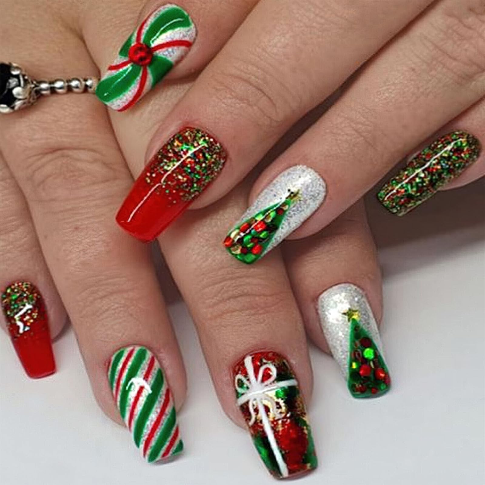 Christmas Press on Glitter Glue Nails 24pcs – Medium Square Coffin False Nail…