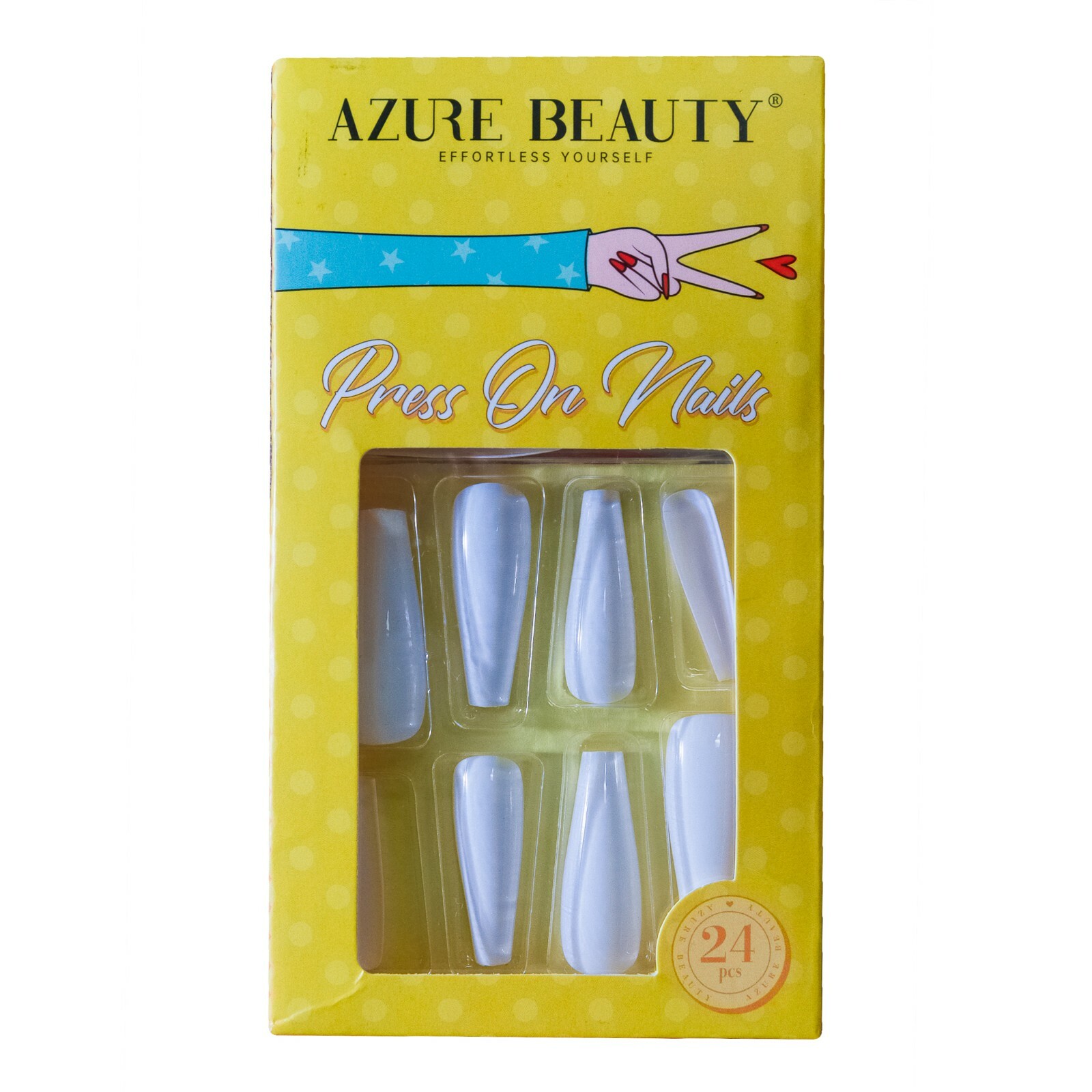 Azure Beauty 24 Piece Adhesive ABS Plastic Press On White Long Coffin Nails