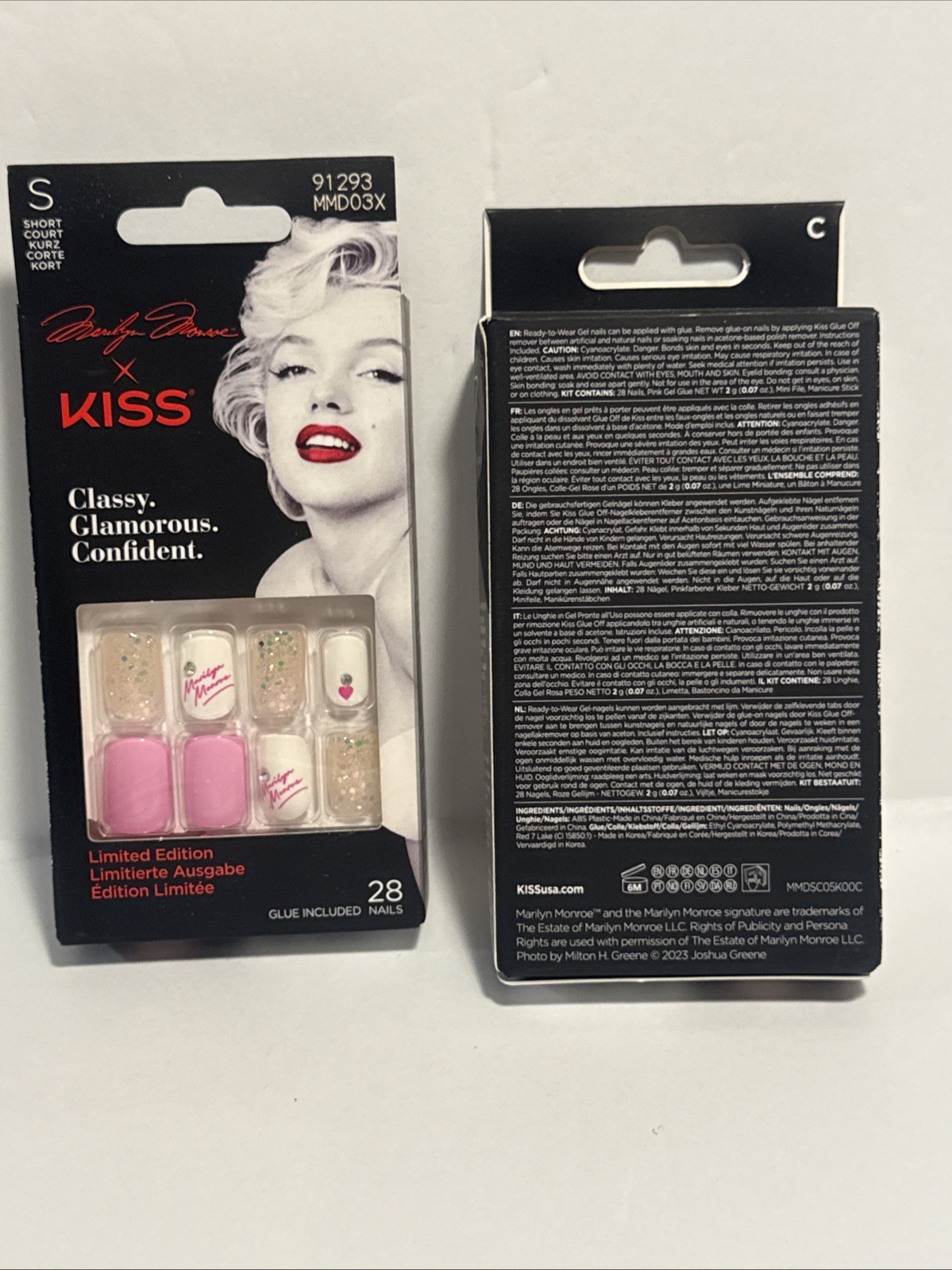 2 Marilyn Monroe x Kiss 28 Artificial Short Squared Glue On Nails Pinks 91293.