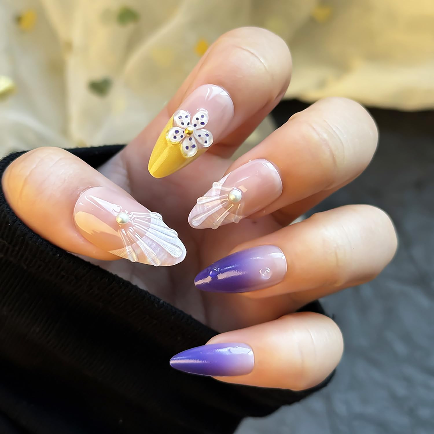 24Pcs Summer Beach Press on Nails Medium Almond Fake Nails Purple French Tip wit