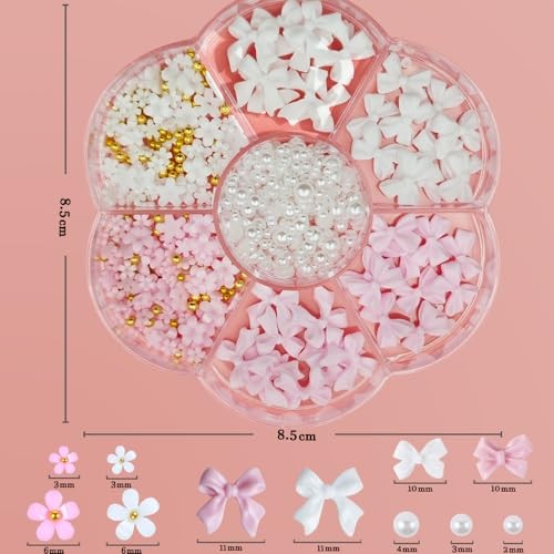 Nail Charms, Flower Bow Manicure Kit, Pink White 3D Cute Flower and Bow Nail
