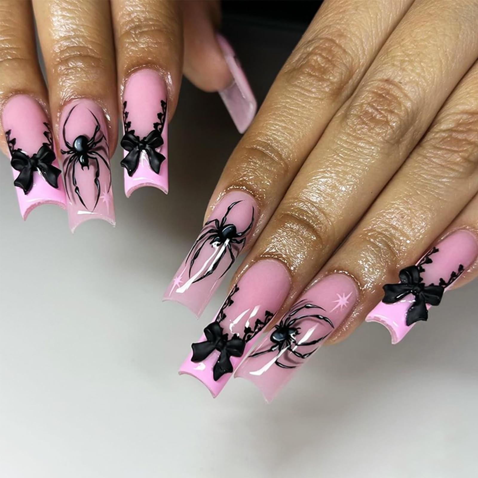 24Pcs Pink Halloween Nails Long Square Press 1 Ounce (Pack of 1), Multicolor