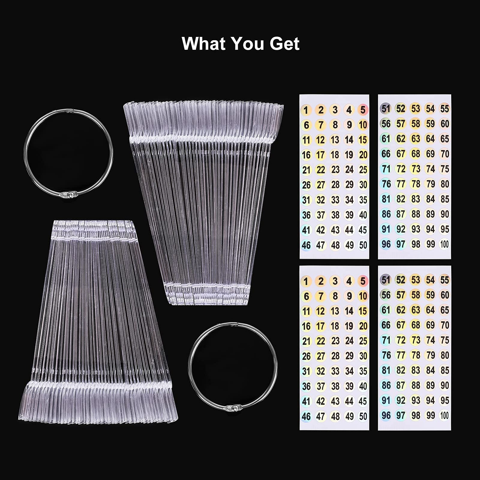 100PCS Fan-Shaped Nail Swatch Sticks with Holographic Number Stickers, Transp…