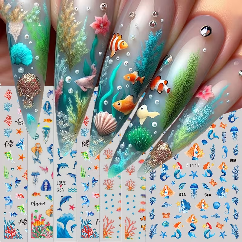 7pcs 3D Summer Ocean Jellyfish Goldfish Mermaid Nail Art Stickers – Cartoon