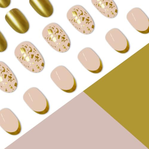 Gold French Tip Press on Nails Short Almond Fake Nails Gold French Tip Nails-18