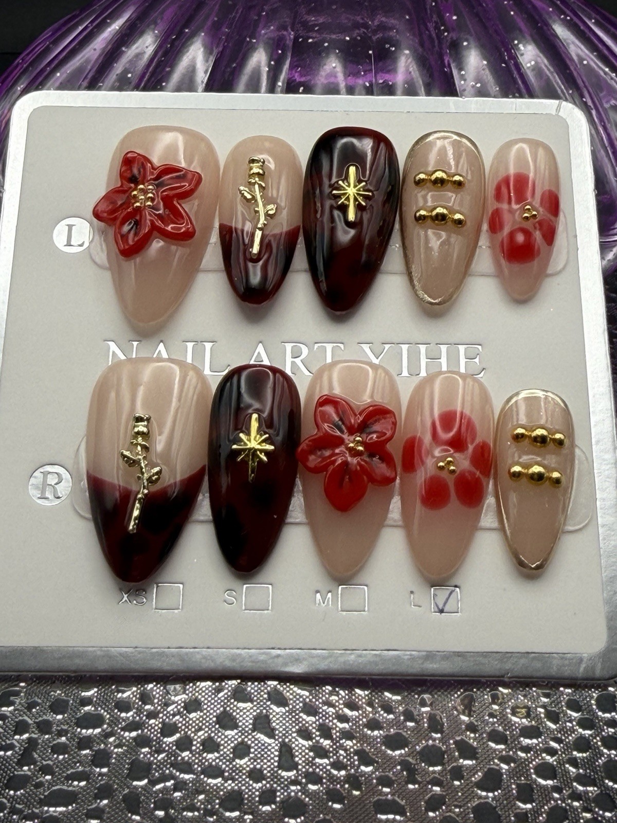 10 Pcs Handmade Medium Almond Nude Red Tortoiseshell Nails w 3D Flower Gold Sz L
