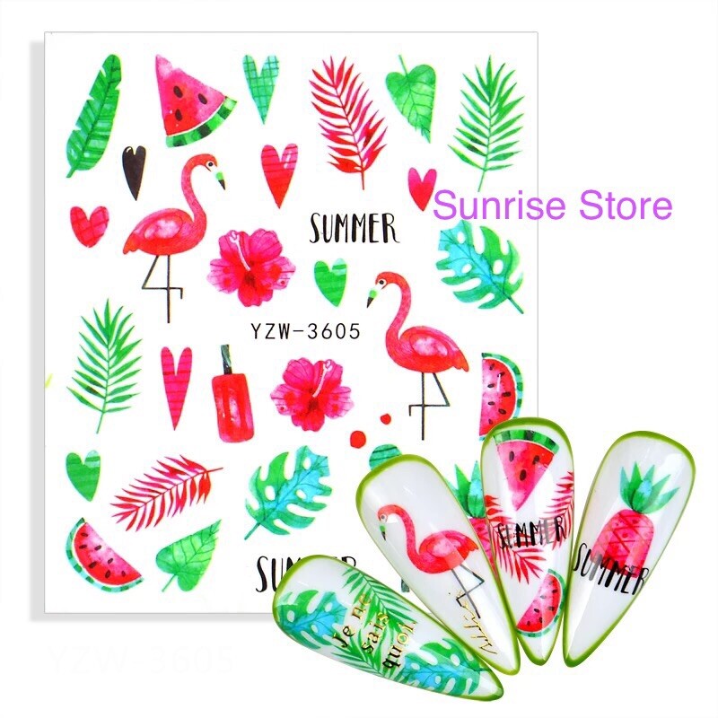 Nail Art Water Transfer Sticker Flamingo Bird Flower Green Leaves Tropical Decal