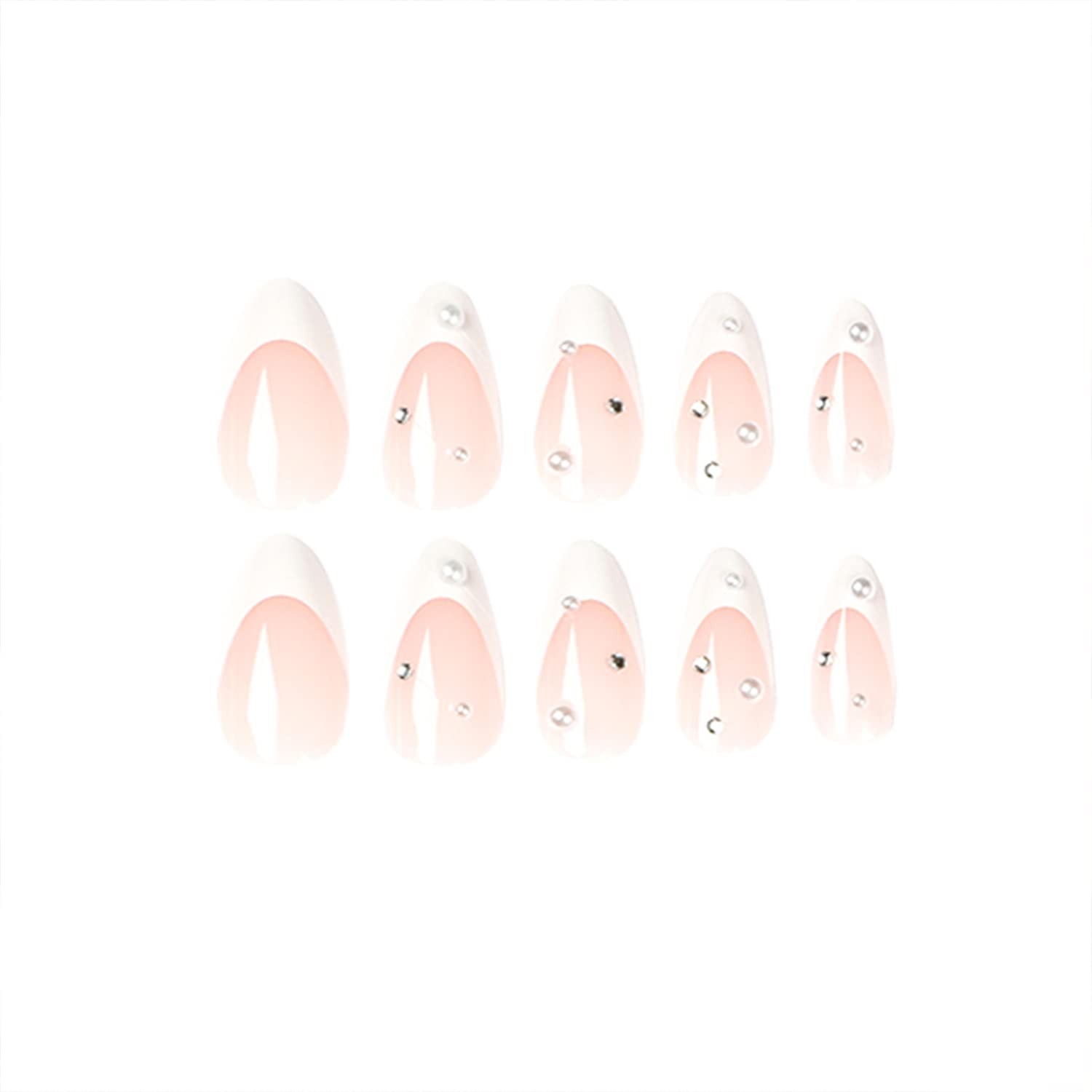 French Tips Press on Nails Almond Shaped White Fake Nails with Rhinestones De…