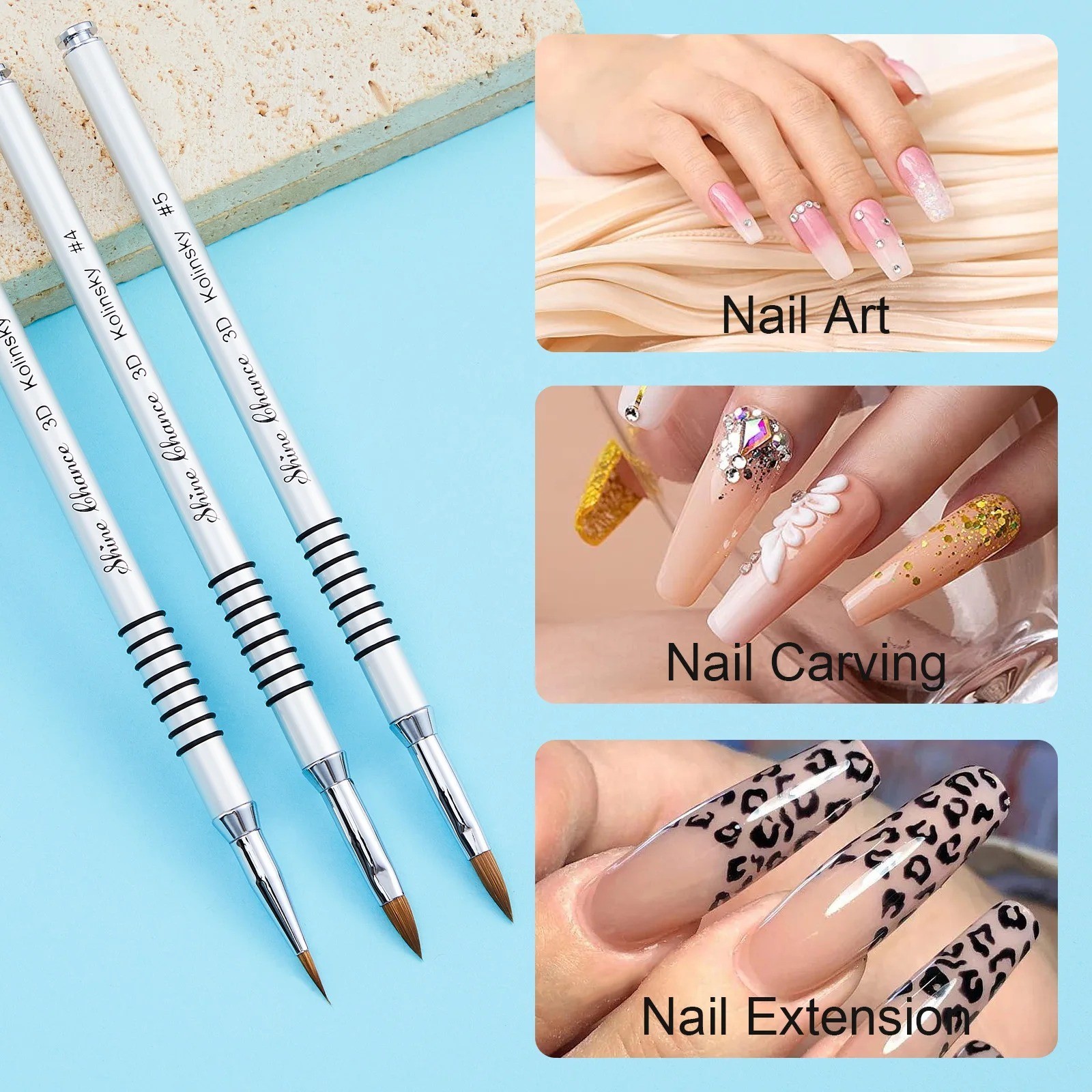 3PCS Kolinsky Acrylic Nail Brush Set Size 2 4 5 for Nail Art Extension
