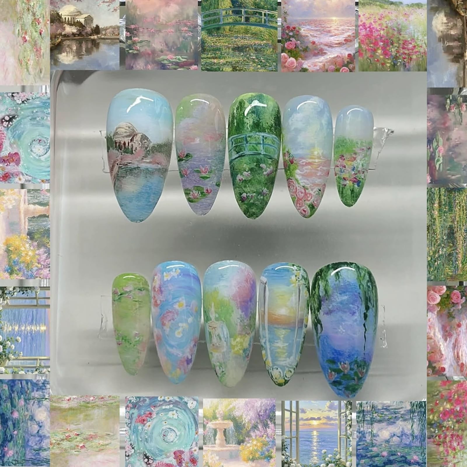Painting Style Press on Nails Almond Fake Nails Medium False Nails with Flowe…