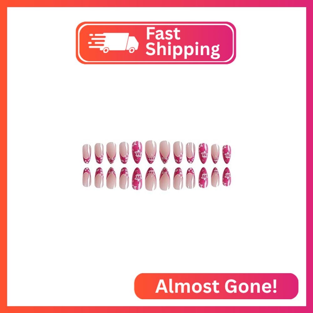 Almond Nails Press on Nails Short Length White Flower False Nail Deep Red French