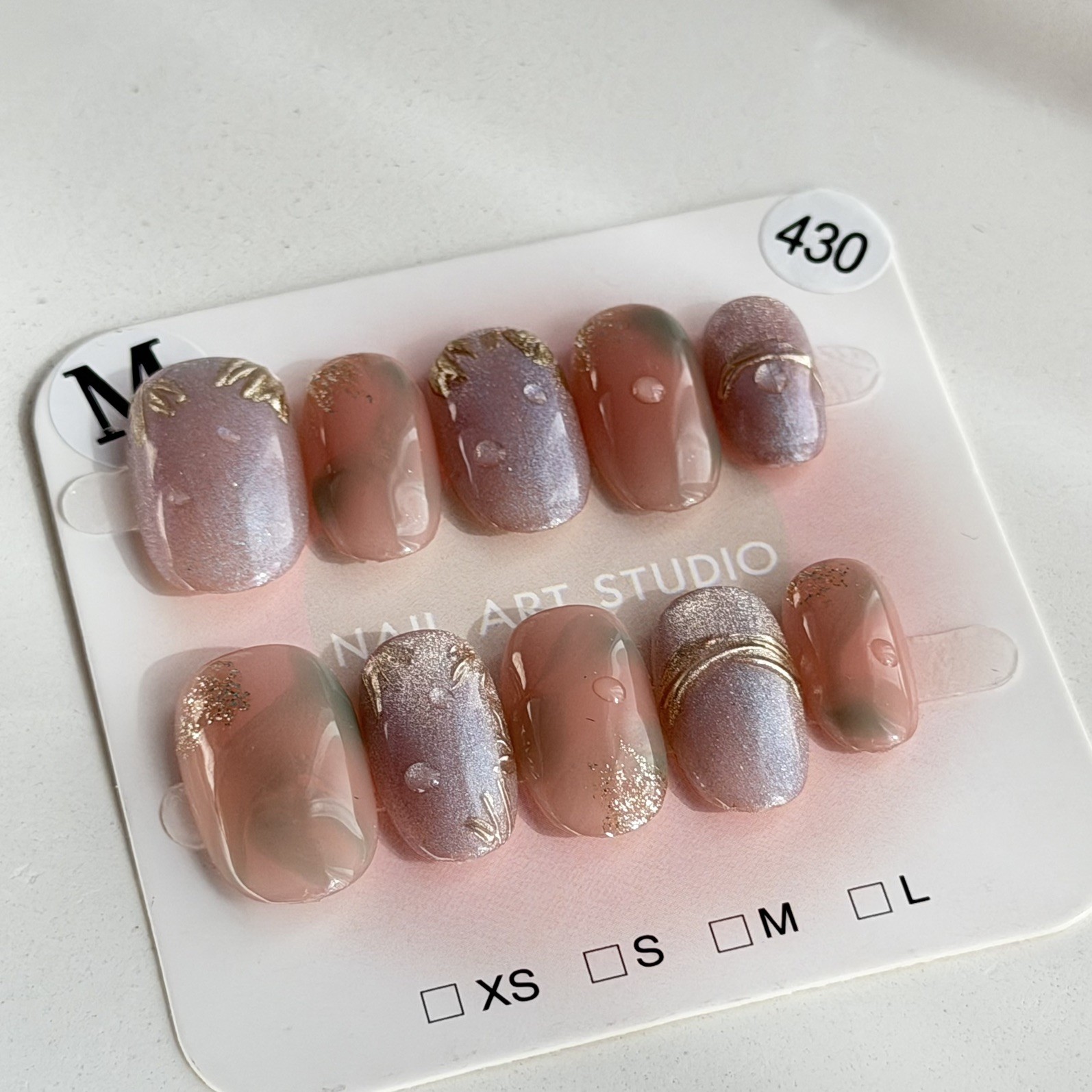 Handmade Enamel Cloisonné Press-On Nails Short Oval Size M False Nail Reusable