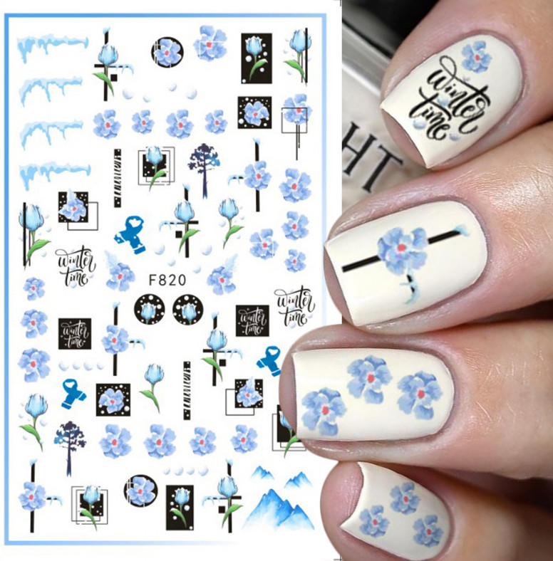 3D Nail Stickers Gel Polish Art Blue Geometric Lines Flower Leaves Slider NH21