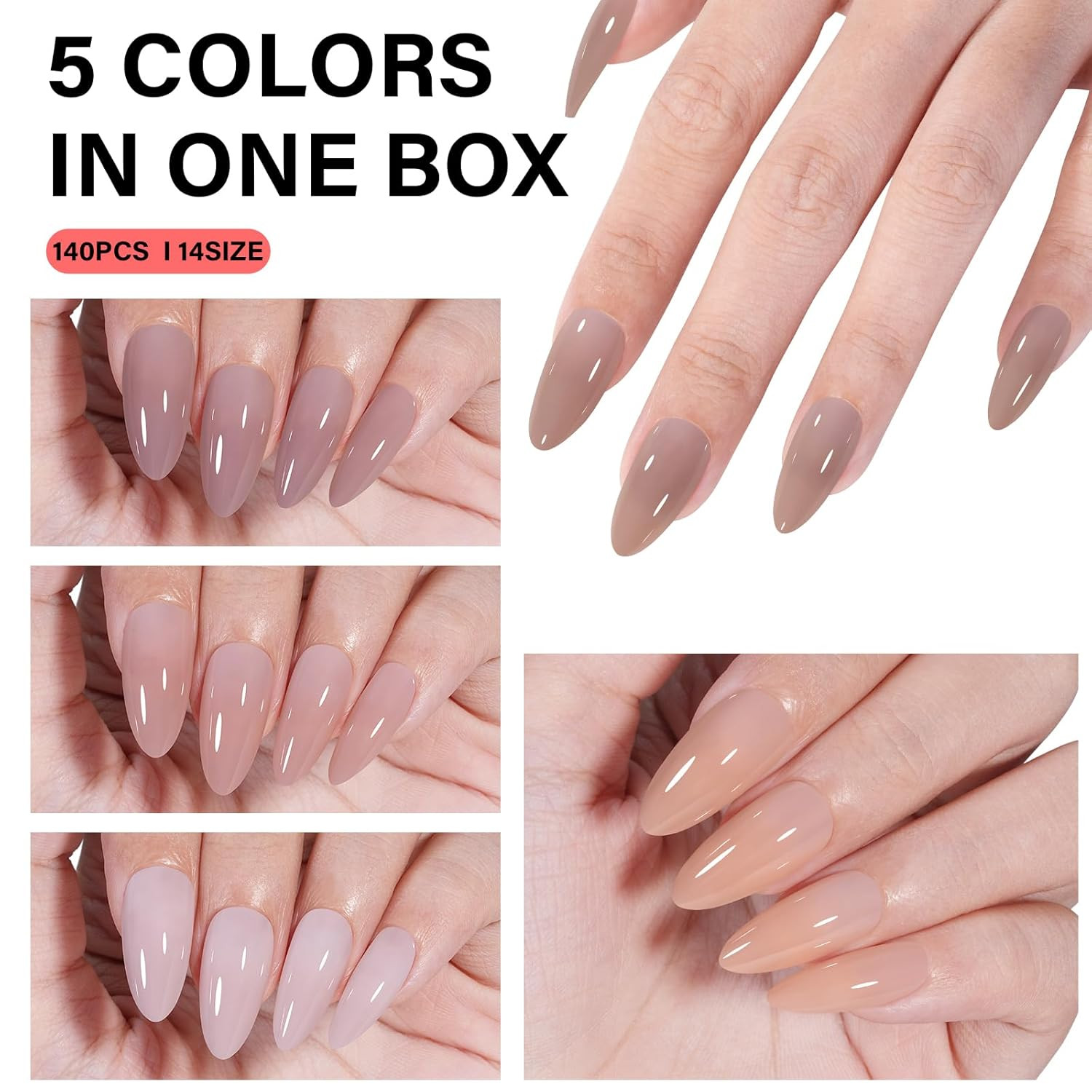 AILLSA Press on Nails Almond 140 PCS Fake Nails 4 in 1 Medium Glossy Nude Nails