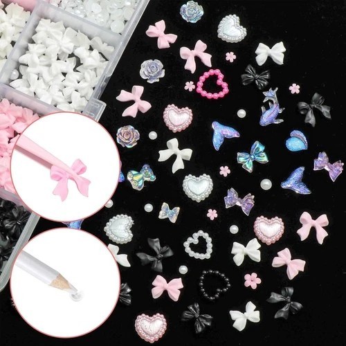 600PCS 3D Nail Charms and Flatback Pearls 3 Colors Bows Nail Art Charms Flowe…