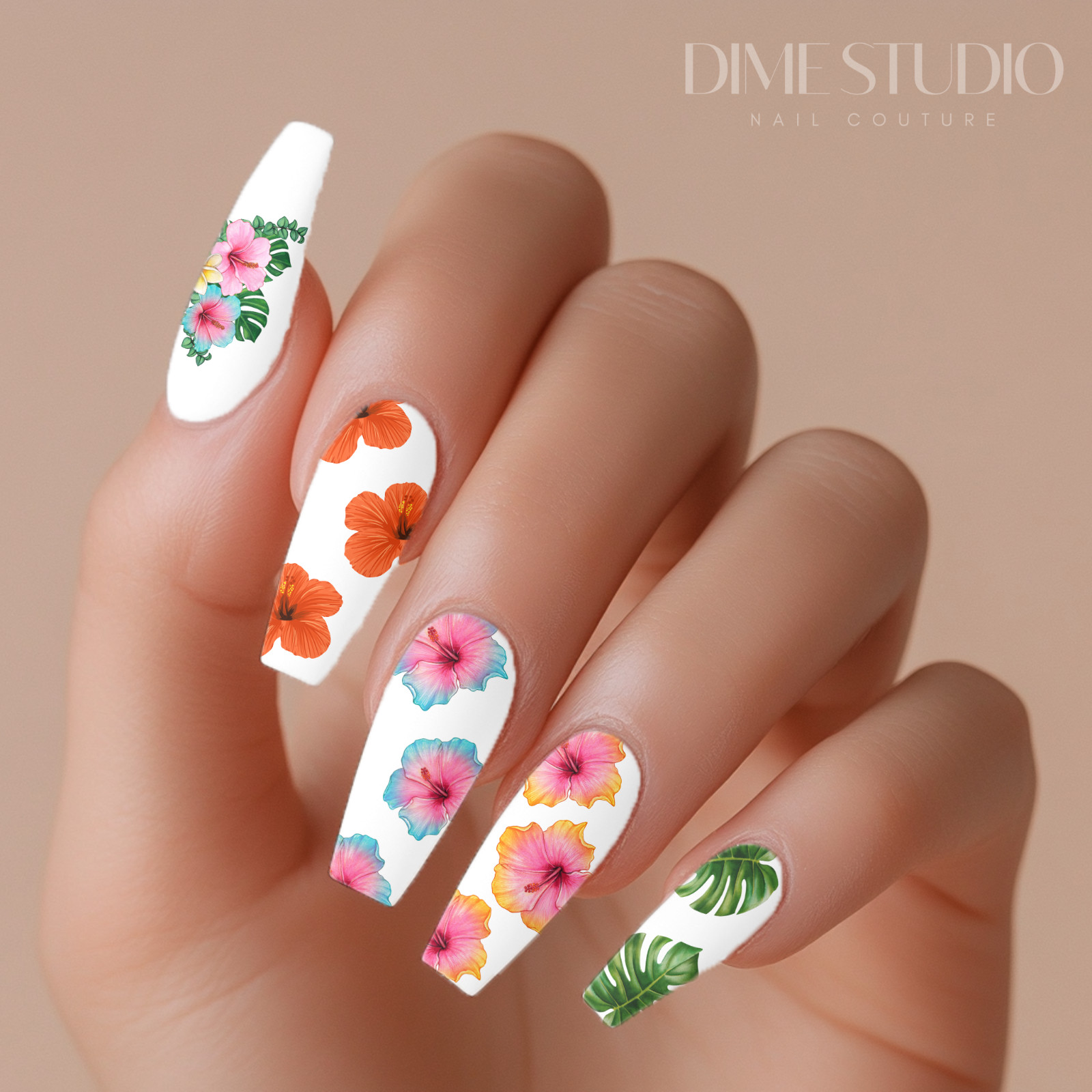 Tropical Palm Leaf Hibiscus Flower Nail Decals Clear Water Transfer TF-1005