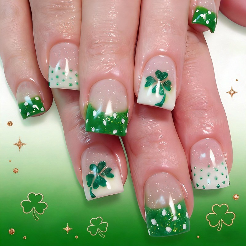 48 Pieces of Green Lucky Grass French Style Fresh and Detachable Fake Nail Art