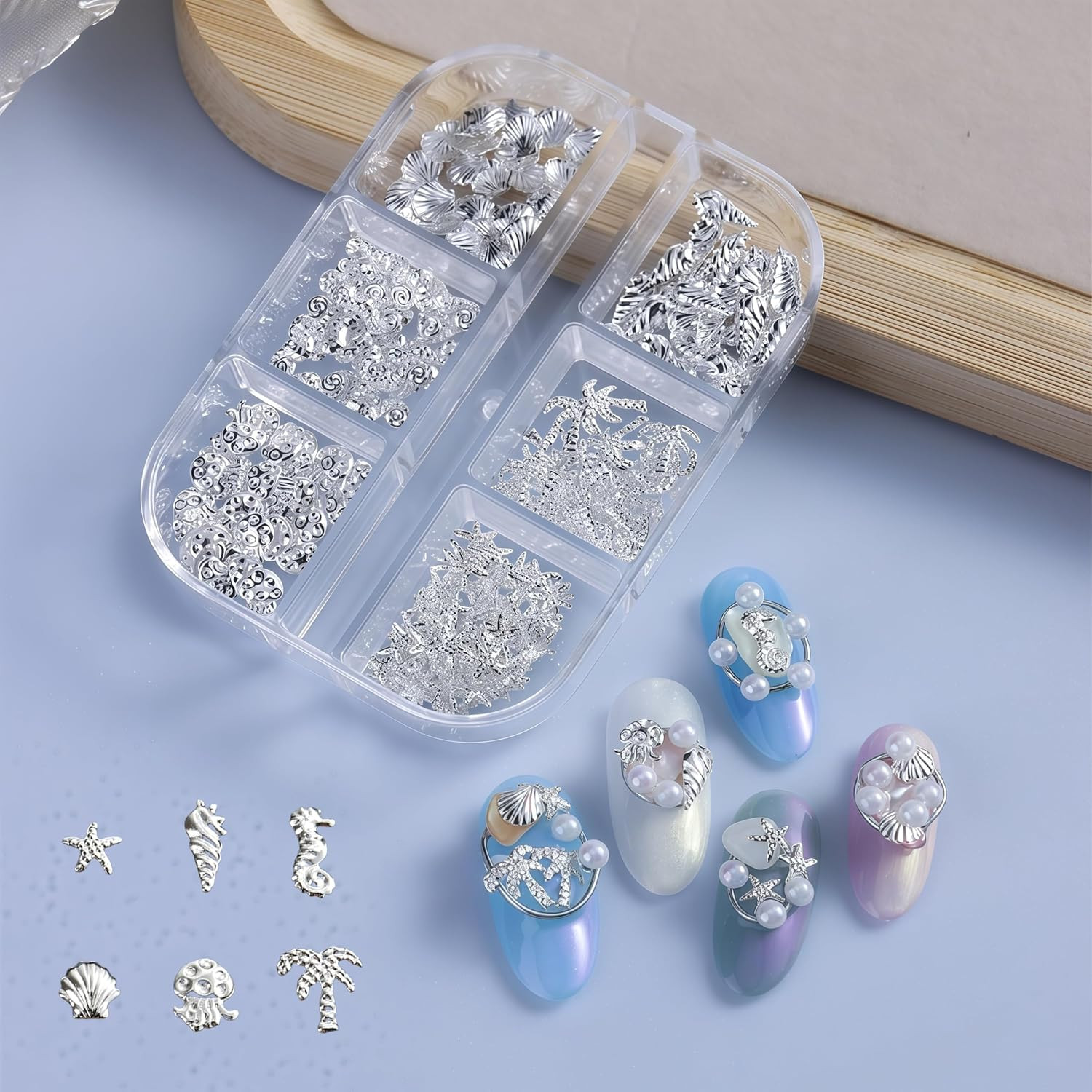 2 Boxes Summer Gold Silver Seashell Seahorse Nail Charms 3D Beach Nail Charms Se