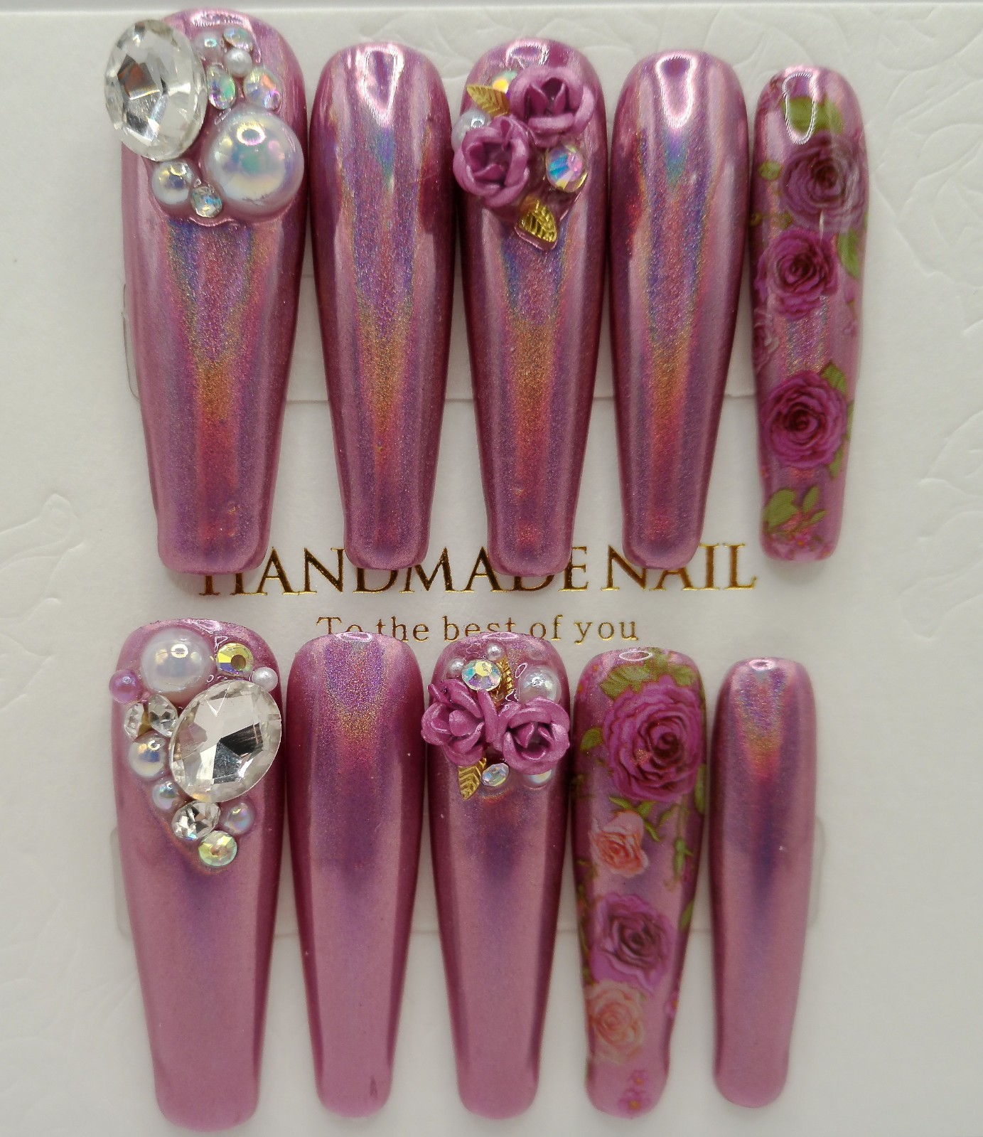 Extra Long Press-On Coffin Nails, Pink Chrome, Floral and Gem Accents – Large