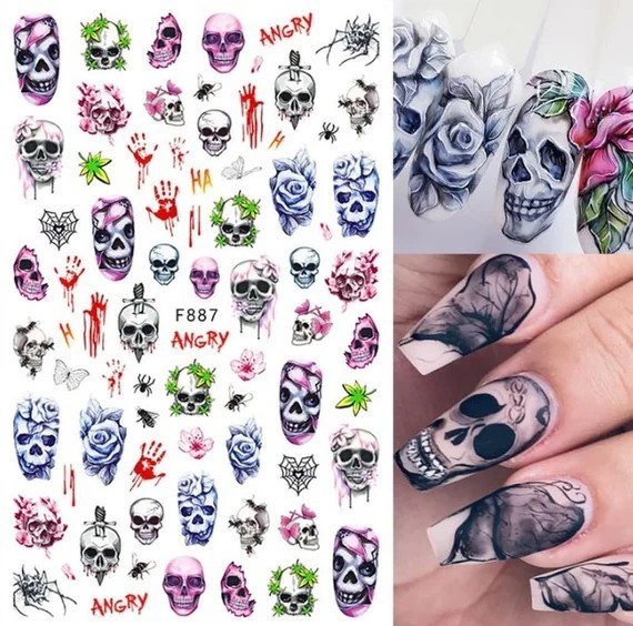 Nail Art 3D Decal Stickers skull bloody handprints butterfly web F887