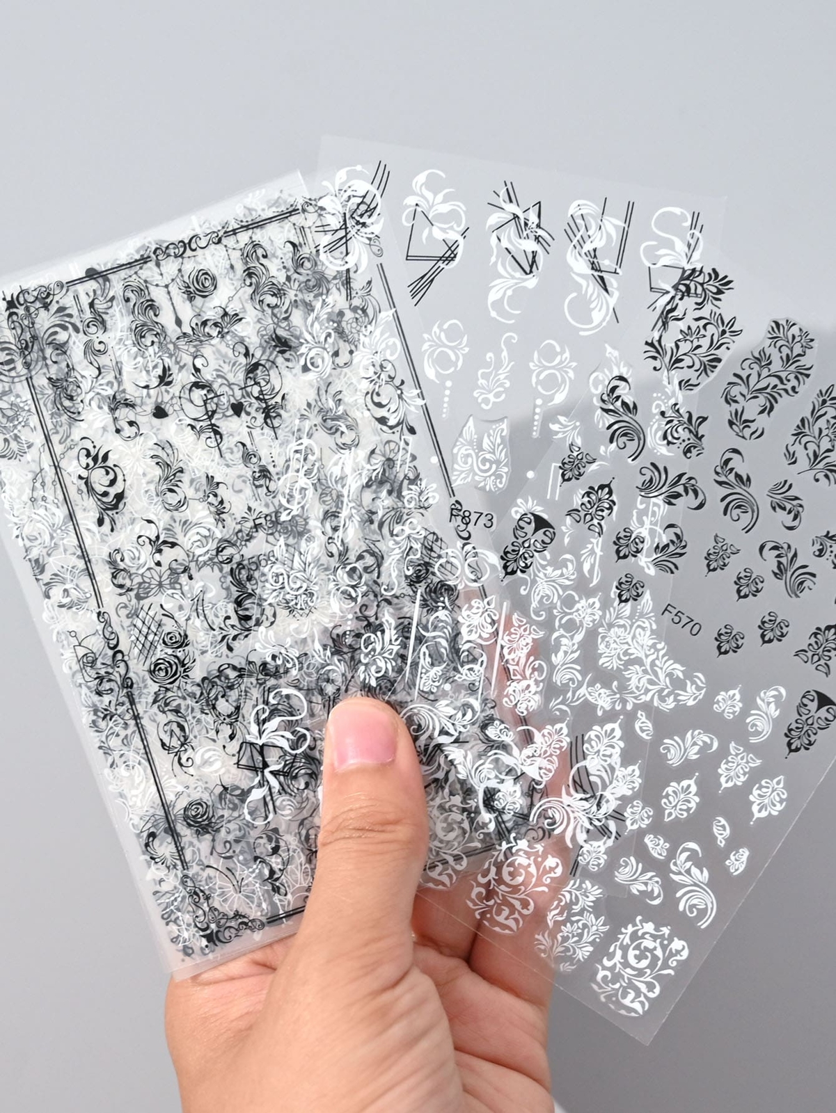 6Sheets Lace Flowers Nail Stickers Nail Decals White Black Lace Floral Nail