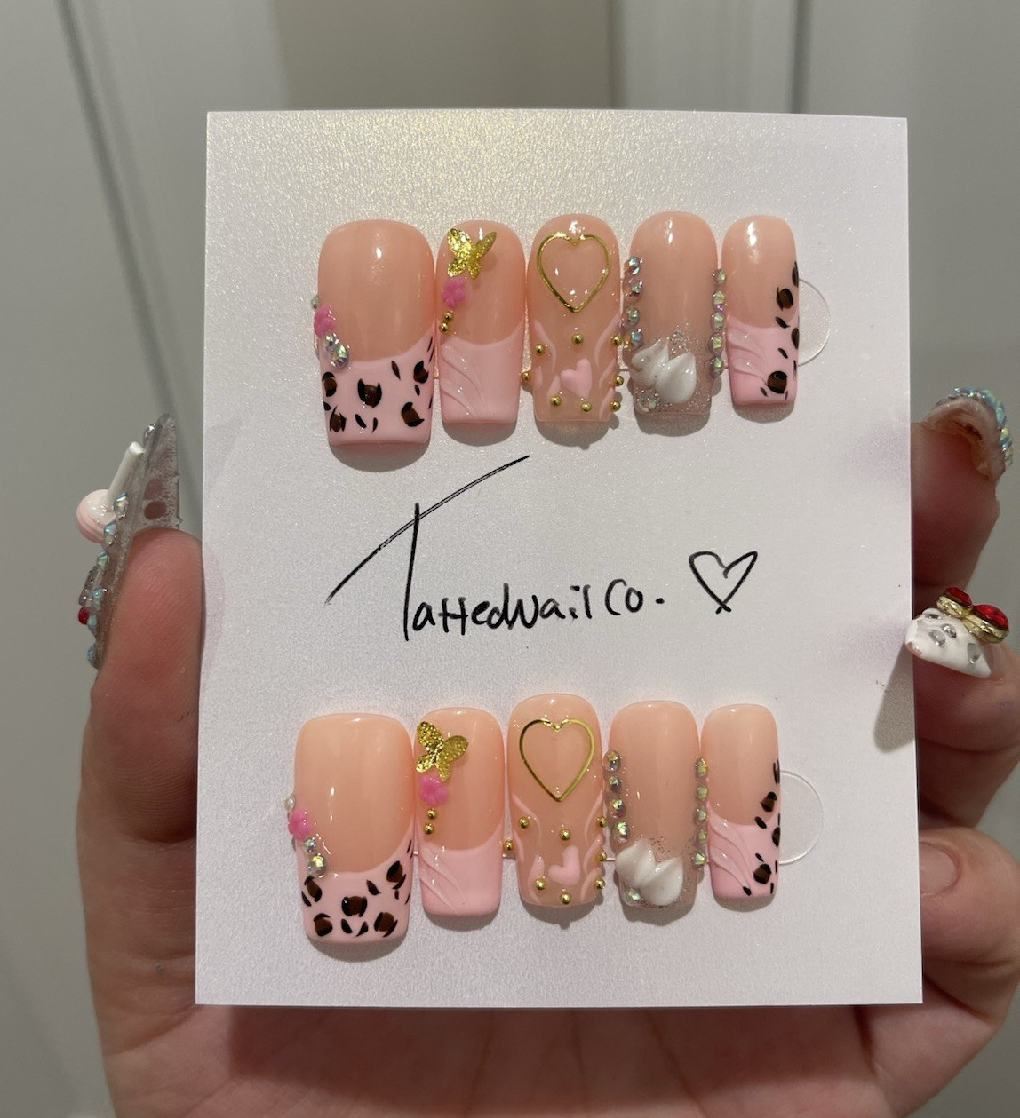 Press-On Nails Medium Square Pink/Beige/Gold/Brown/White 3D Leopard Bow