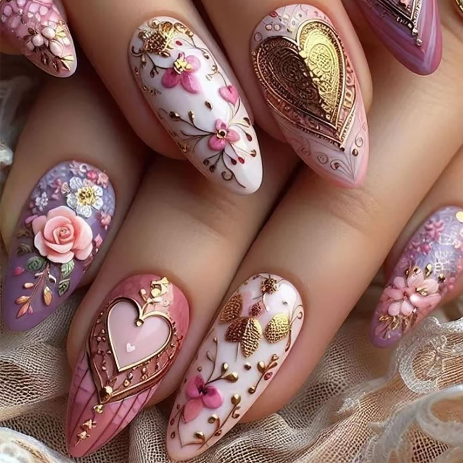 Gold Love Heart Press on Nails Almond Shaped Flower Rose Gold Love Heart Flower