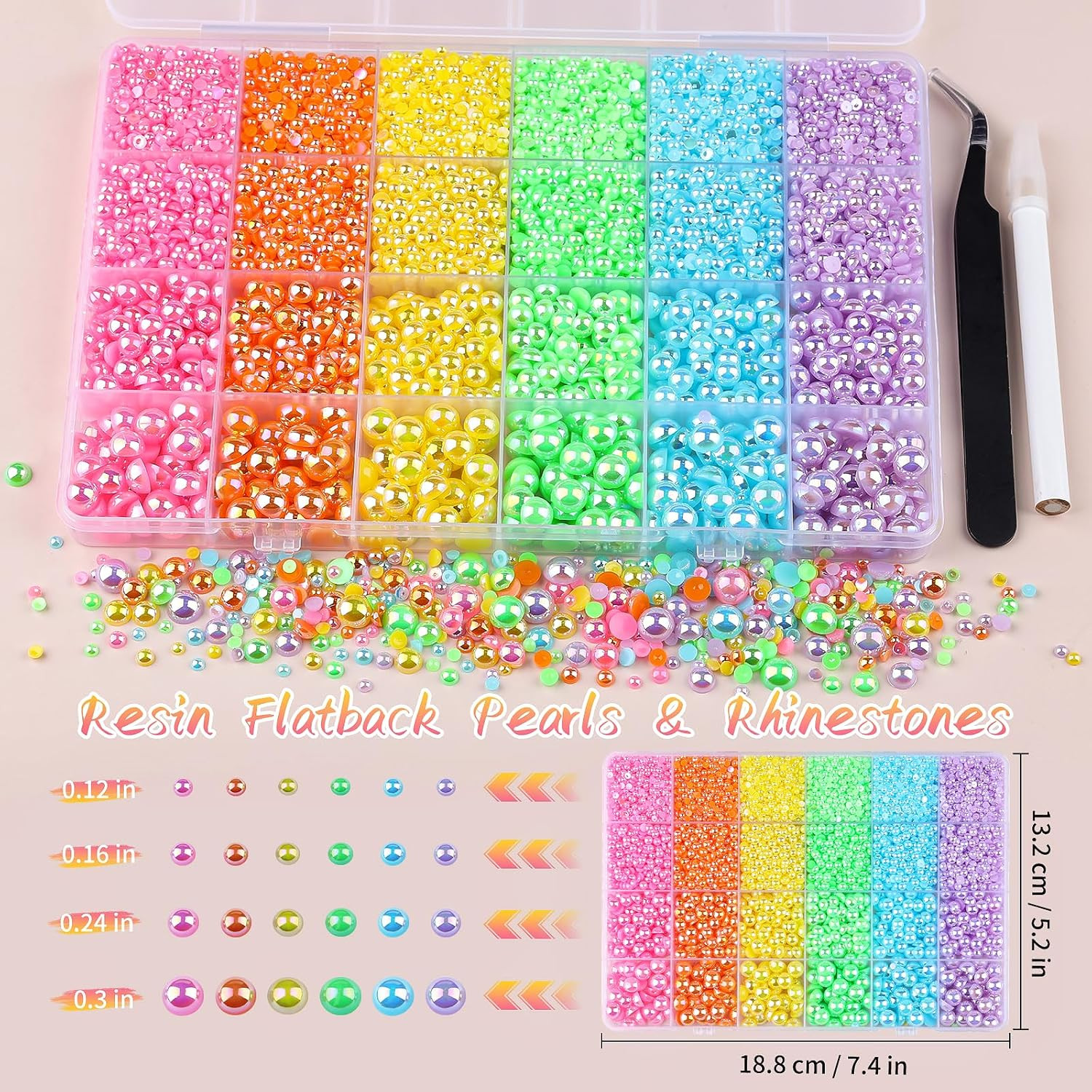 8500PCS Rainbow Flatback Pearls Set, 3/4/6/8Mm Pink Purple Blue Half round Pearl