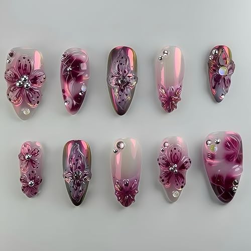 24Pcs Burgundy Gradient Flower Press on Nails Medium Almond Fake Nails gradient