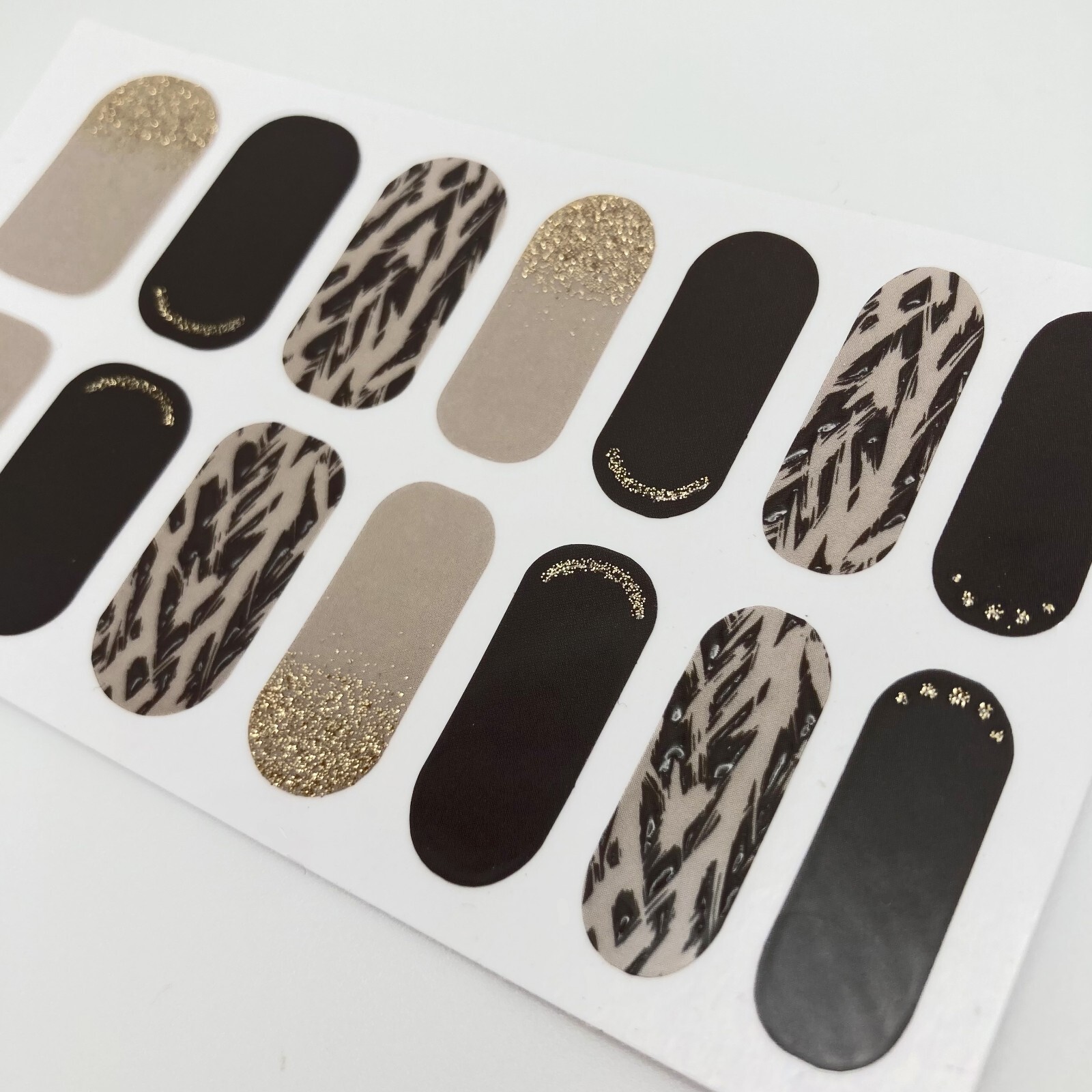 Beige and Black Animal Print Nail Stickers With Gold Glitter, Home Manicure