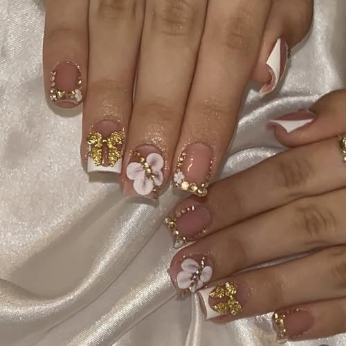 Gold French Tip Press On Nails Short Square Fake Nails 3D Flower short-designs2