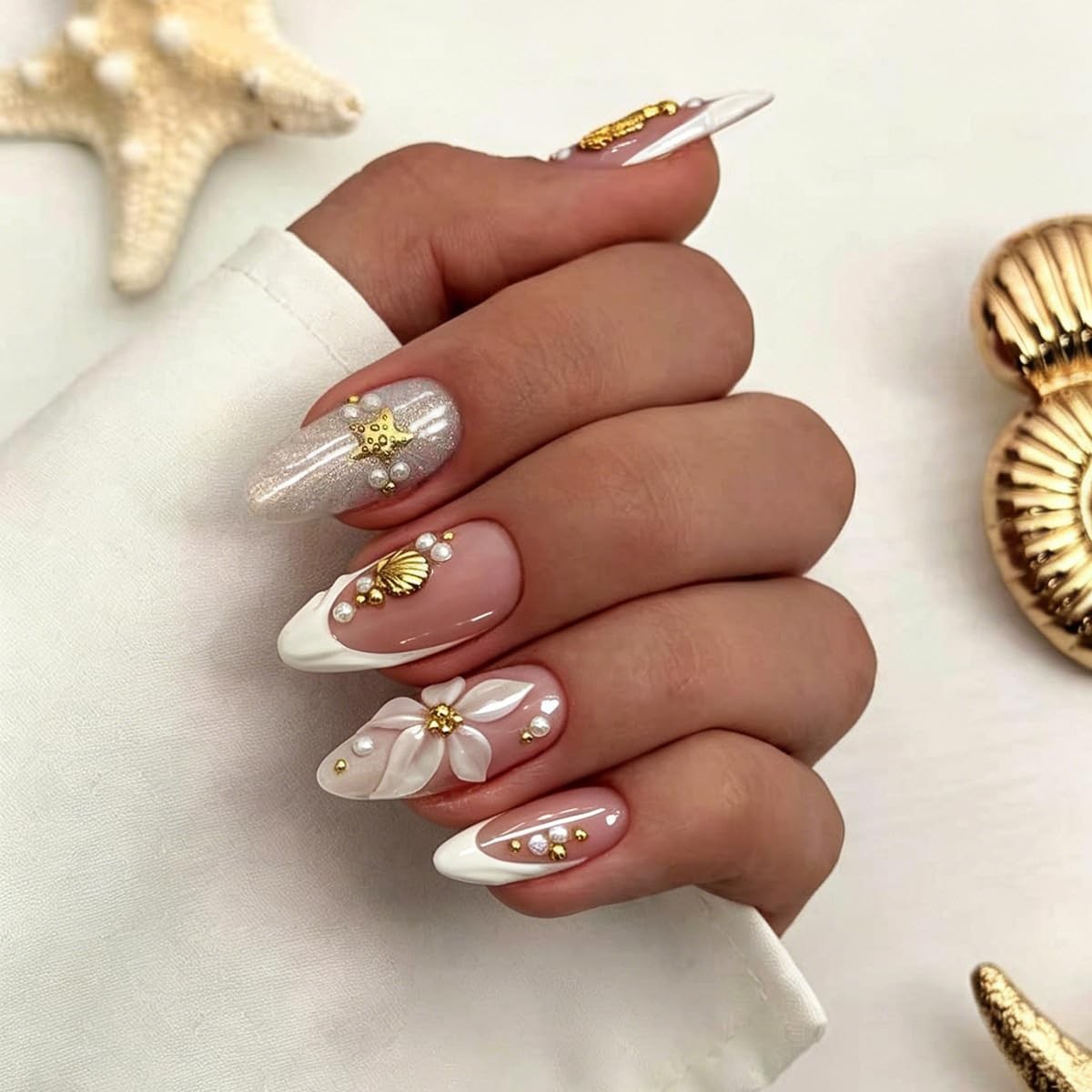 3D Flower French Press on Nails Almond Medium Summer Fake Nails with Gold Sta…