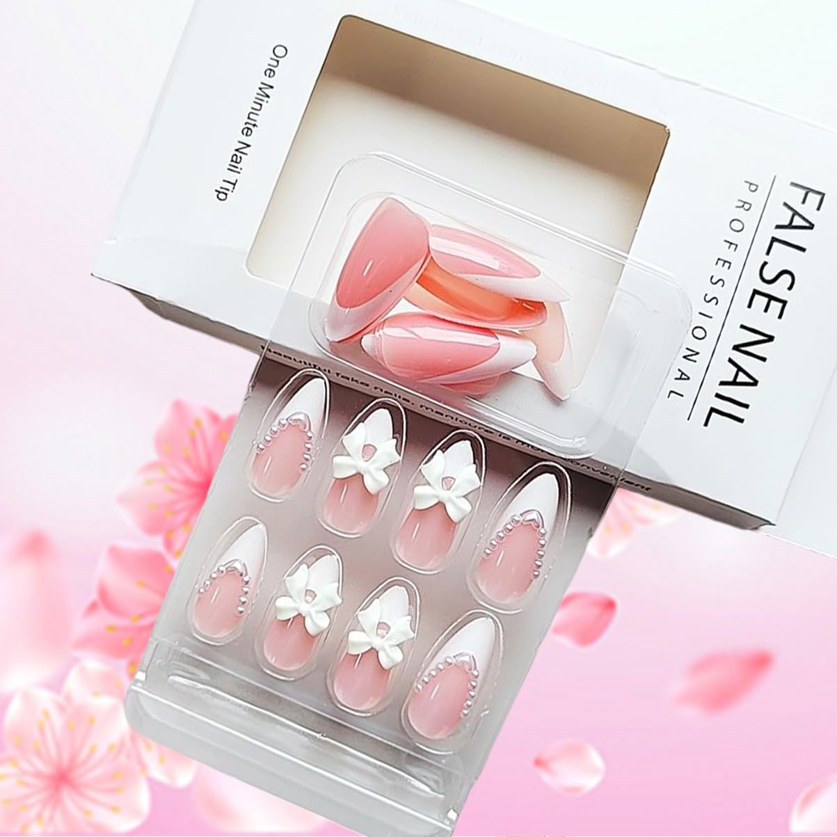 24Pcs Almond Press on Nails French Tips Short Fake Nails with Cute Bow Charms