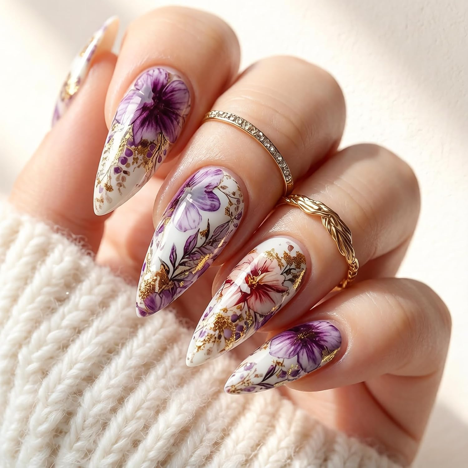 Elegant Floral Press on Nails Medium Almond Purple Flower Fake Nails Watercolor