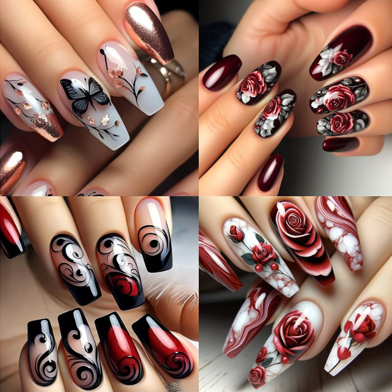 96PCS Rose Butterfly Press on Nails Red Black Elegant False Nail Tips 4 PACK