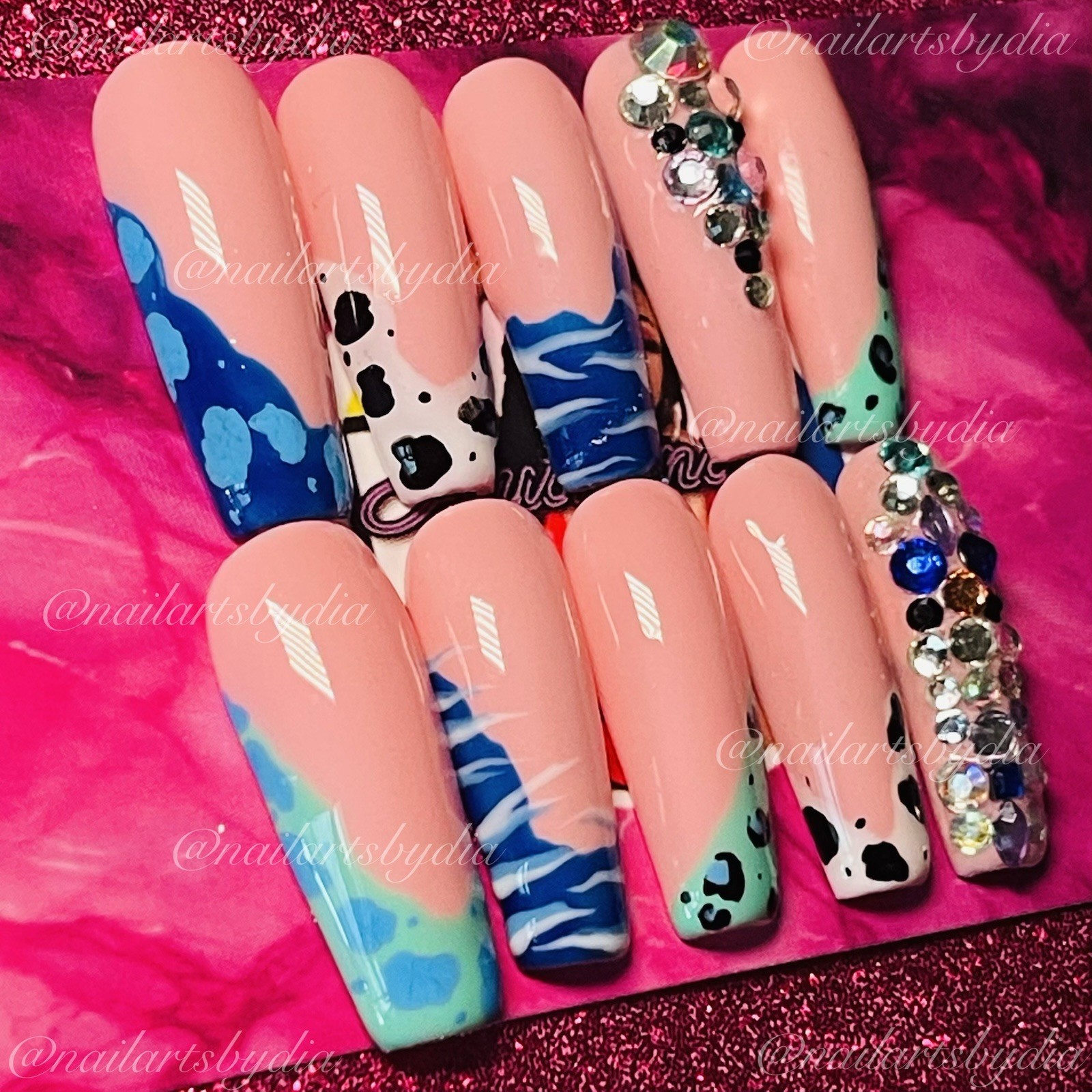 Square Press-On Nails Nude Blue Green Animal Print Full Cover Shiny Long