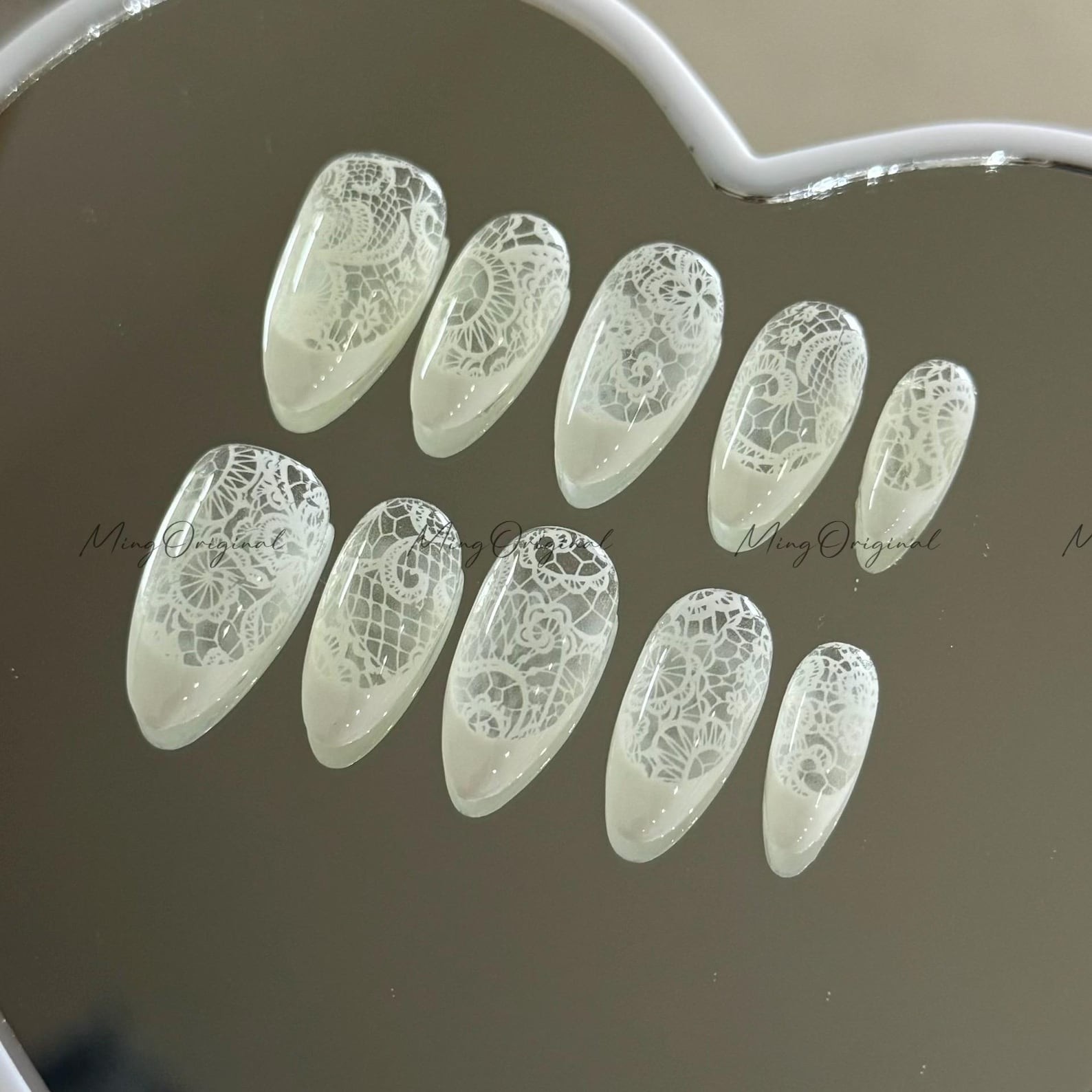 Handmade White Lace Sheer Medium Almond Press on Nails