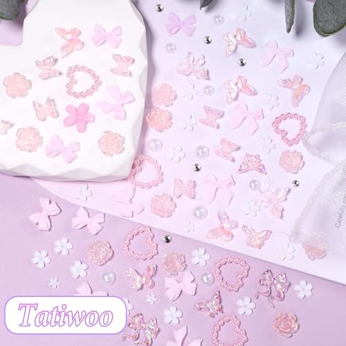 1000 Pcs White Flower Nail Charms, 3D Tiny Flowers Charms Set 3-White & Pink